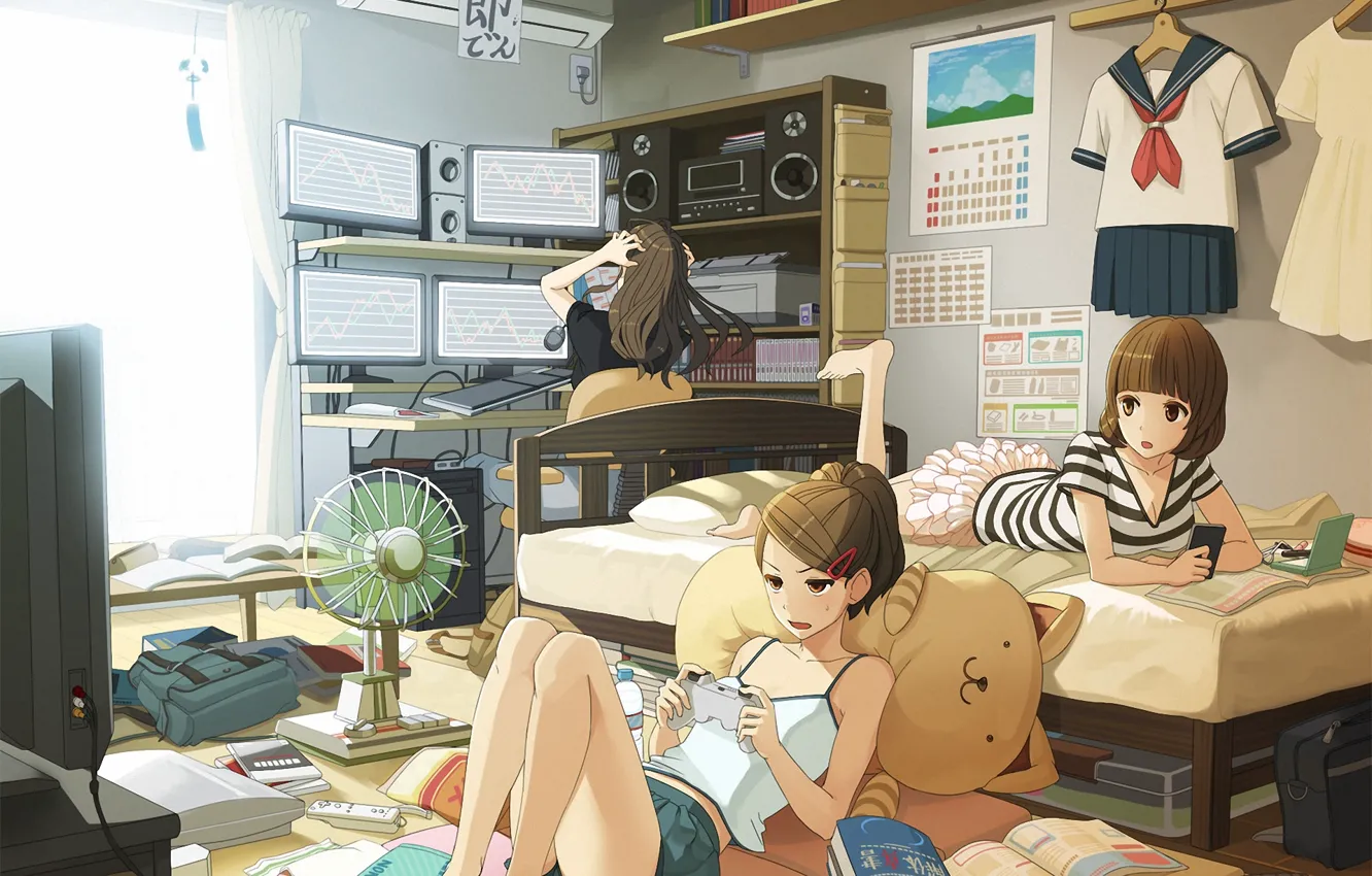 Photo wallpaper computer, girls, room, the game, heat, bed, fan, TV