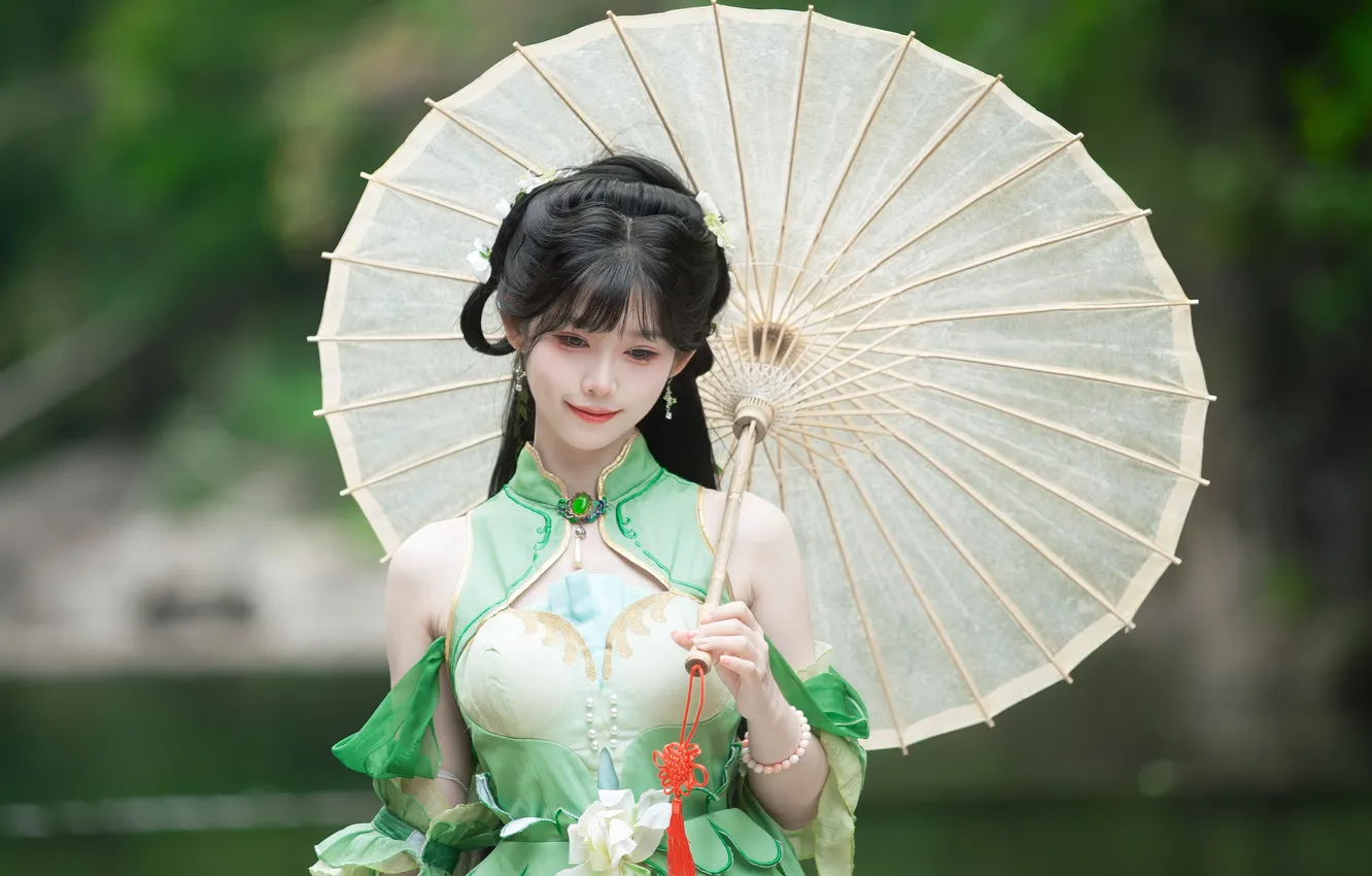 Photo wallpaper umbrella, model, women, brunette, asian, smiling, Women Outdoors