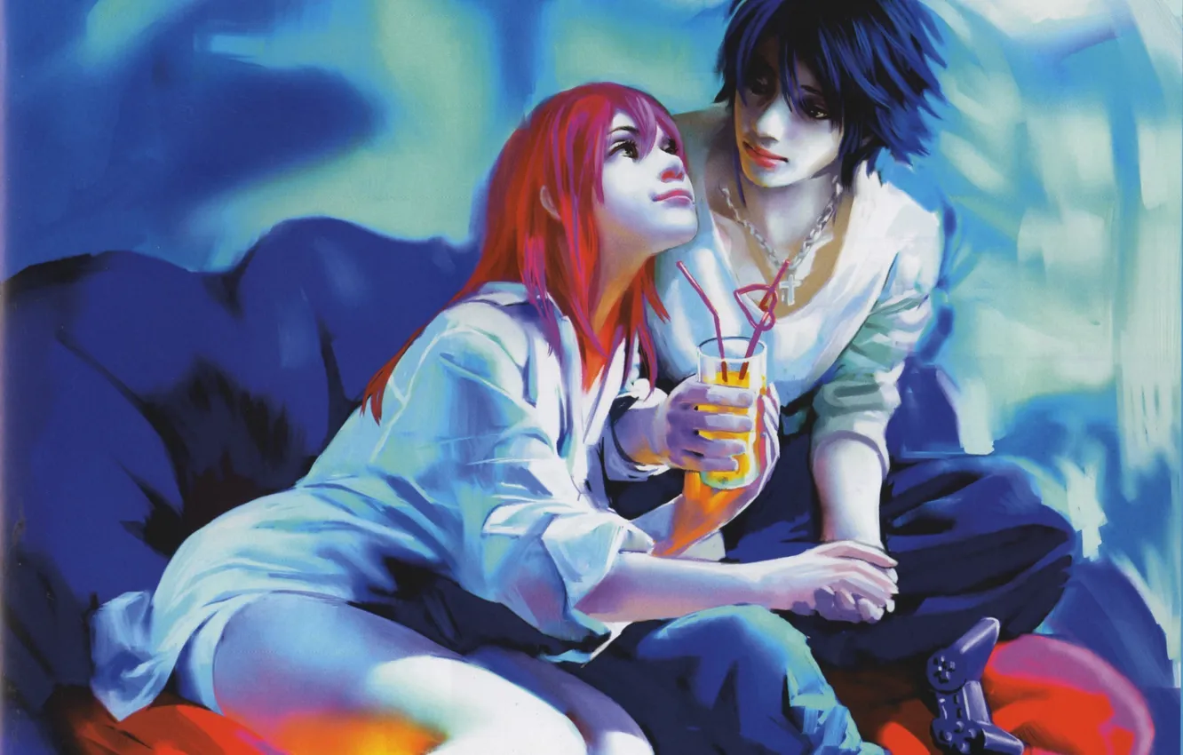 Photo wallpaper girl, love, glass, pillow, art, pair, hearts, drink