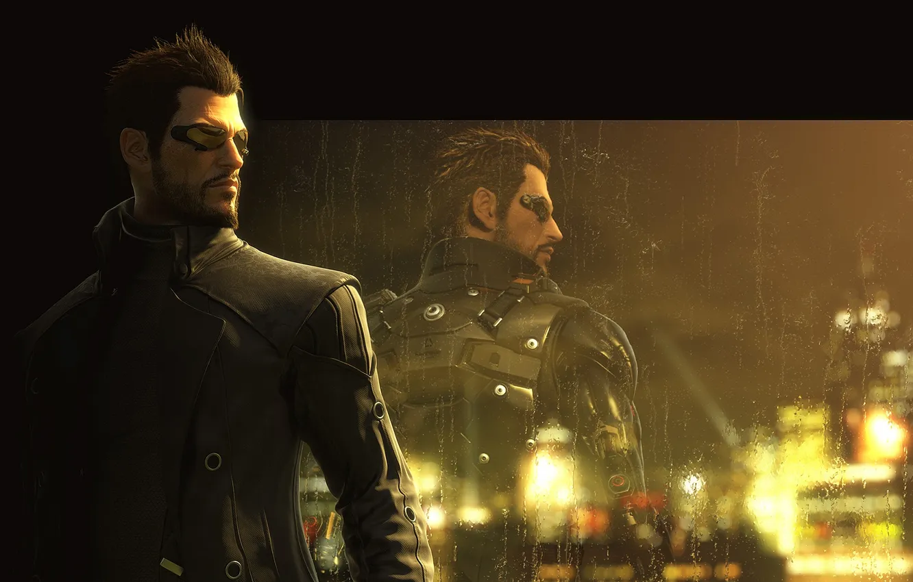 Photo wallpaper rain, the game, window, cyberpunk, human revolution, deus ex, Adam Jensen, Adam Jensen