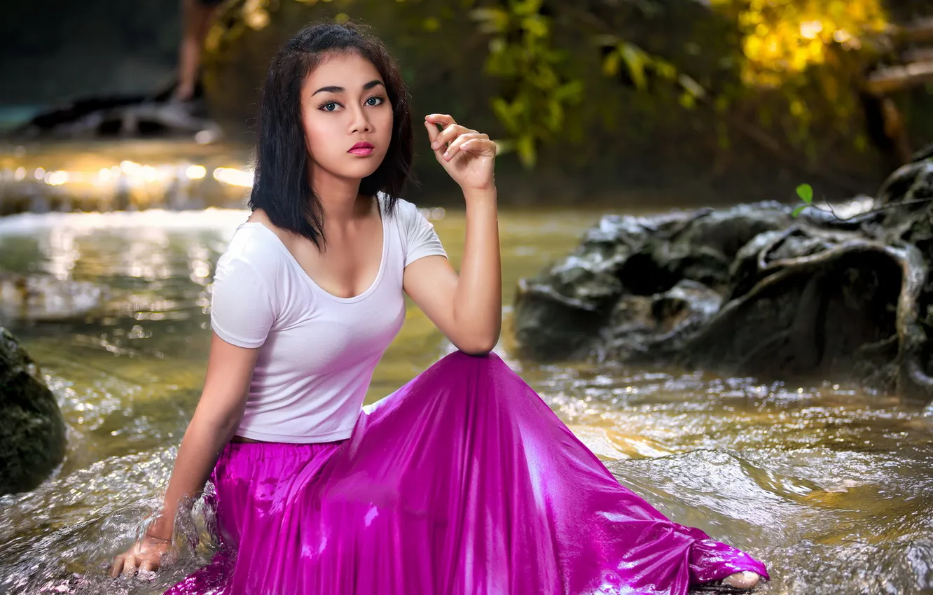 Photo wallpaper summer, girl, river, Asian