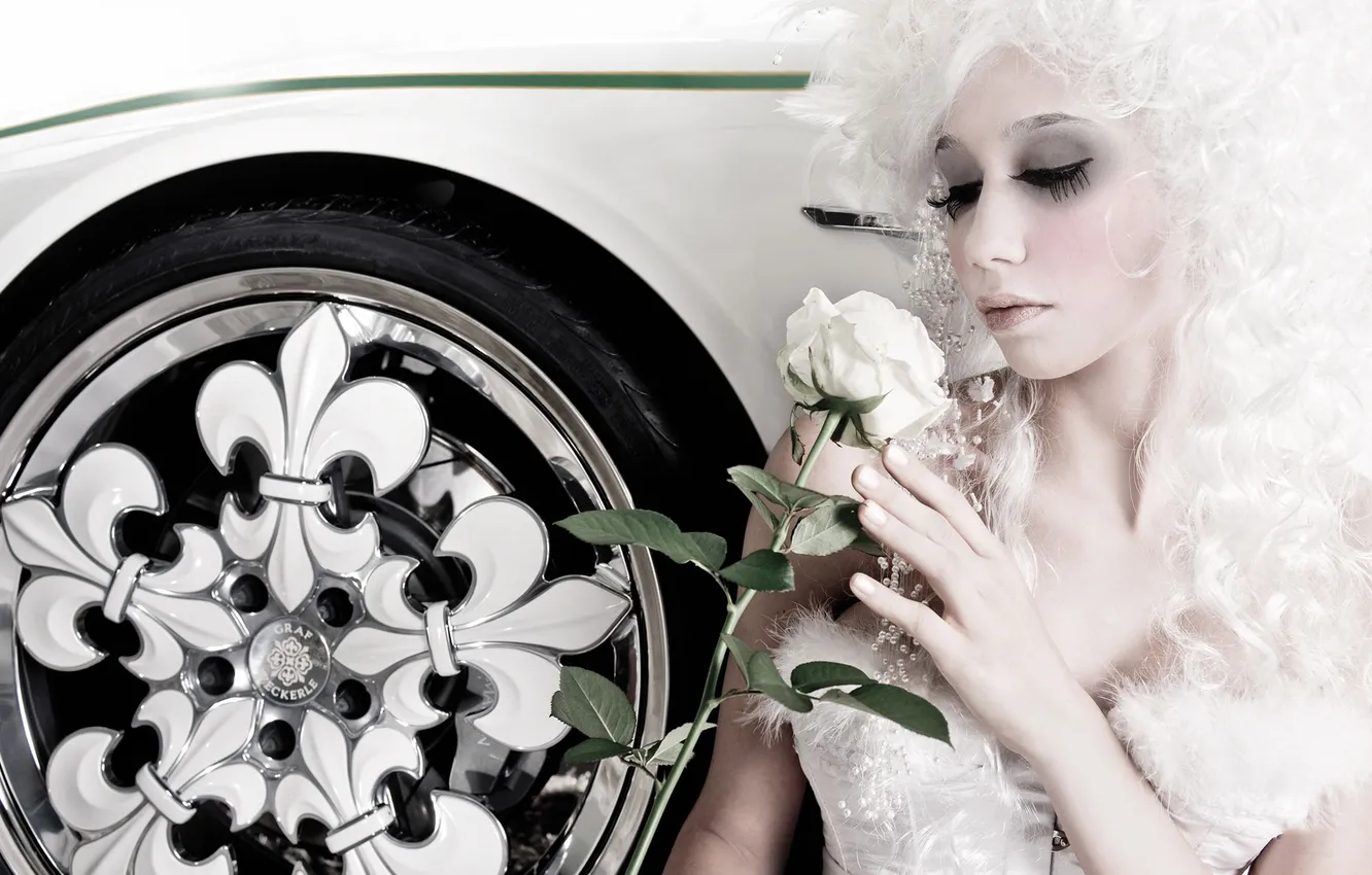 Photo wallpaper machine, girl, white, rose