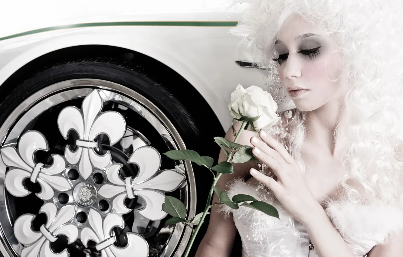 Photo wallpaper machine, white, girl, roses