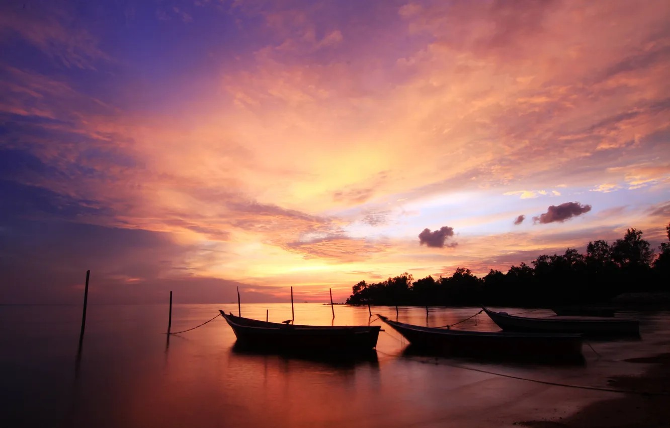 Photo wallpaper sea, beach, sunset, boat
