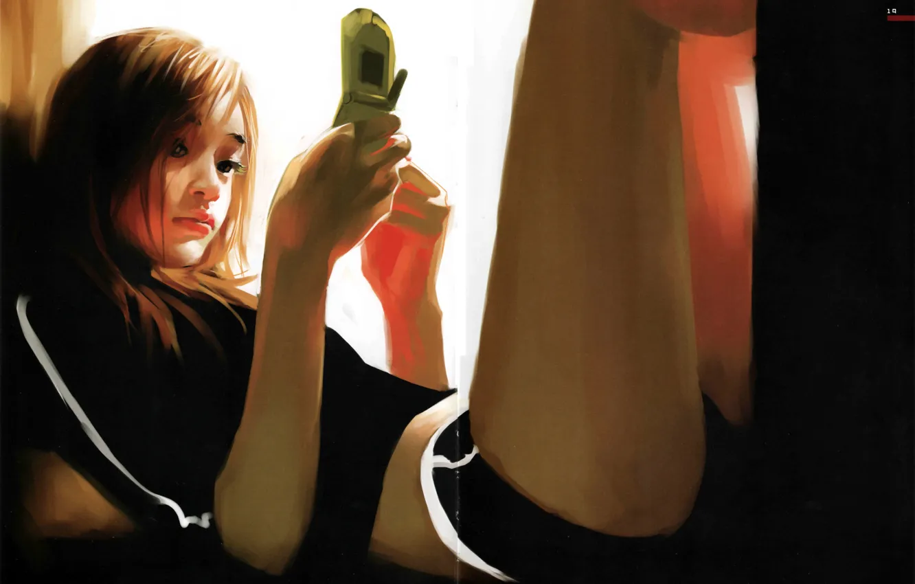 Photo wallpaper shorts, hands, phone, brown hair, lying on her back, Zhang Bin, by Benjamin