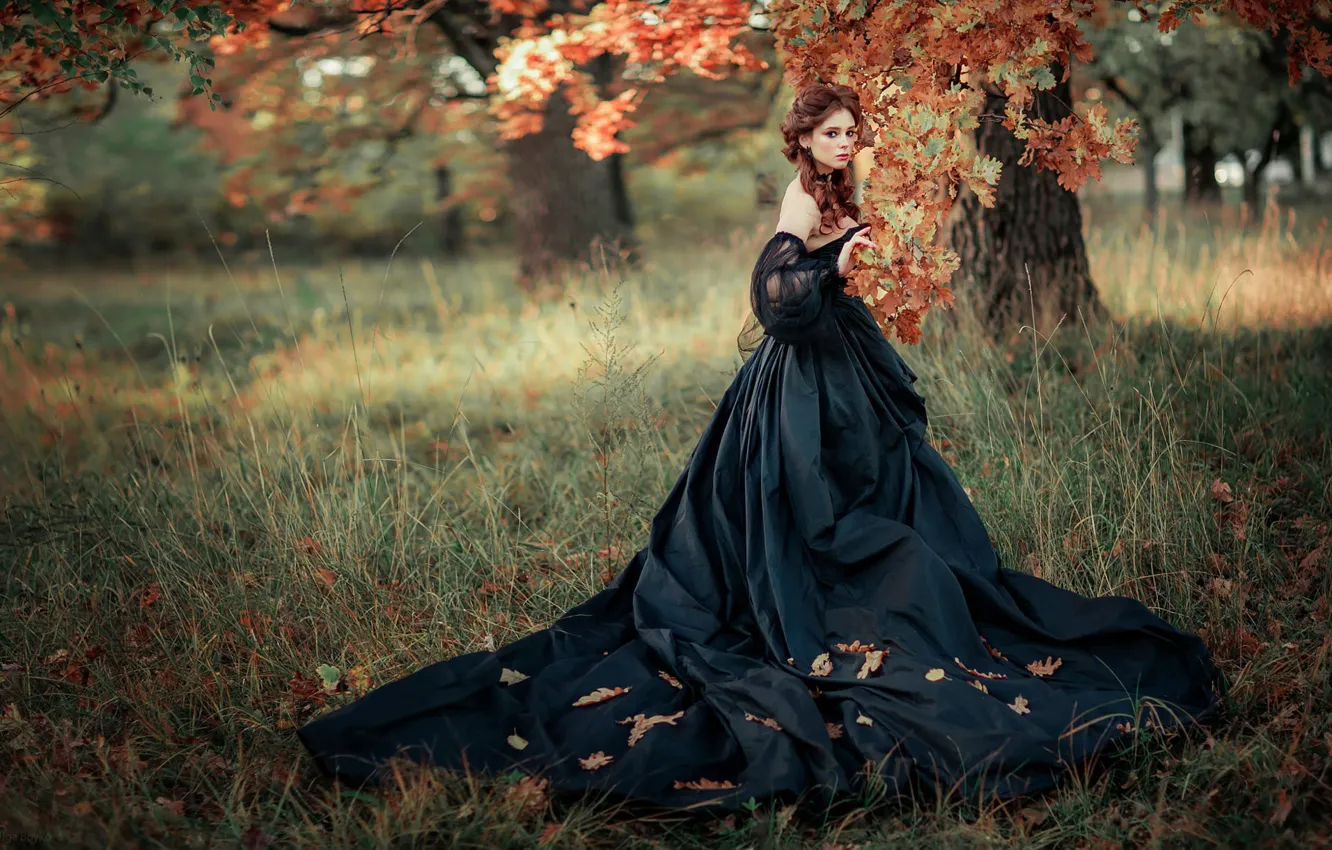 Photo wallpaper brown hair, black dress, fallen leaves, autumn Park, Olga Boyko, Alexander Gir