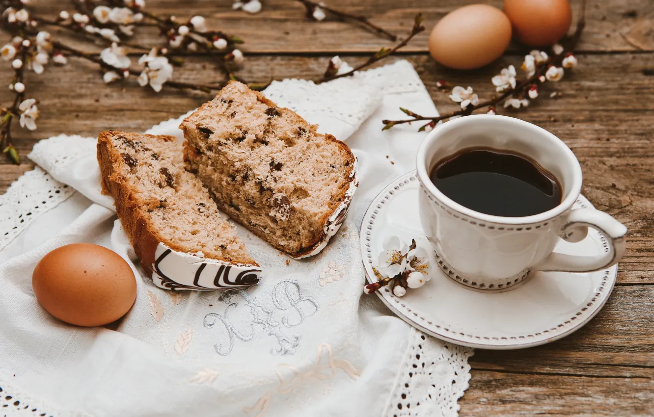 Photo wallpaper flowers, branches, coffee, eggs, Easter, Cup, cake, wood