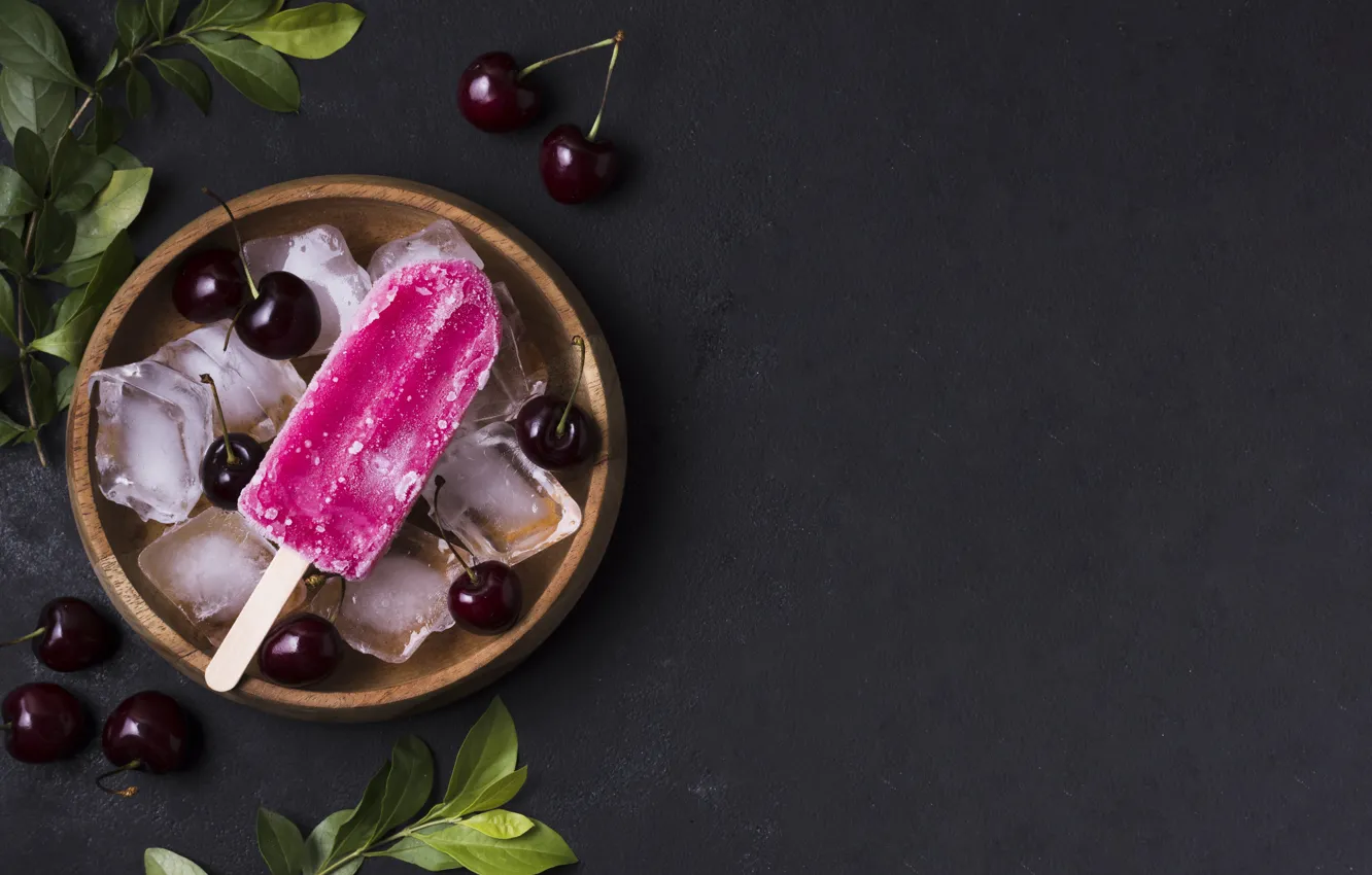 Photo wallpaper leaves, cherry, the dark background, cherry, ice cream, bowl, dessert, delicious
