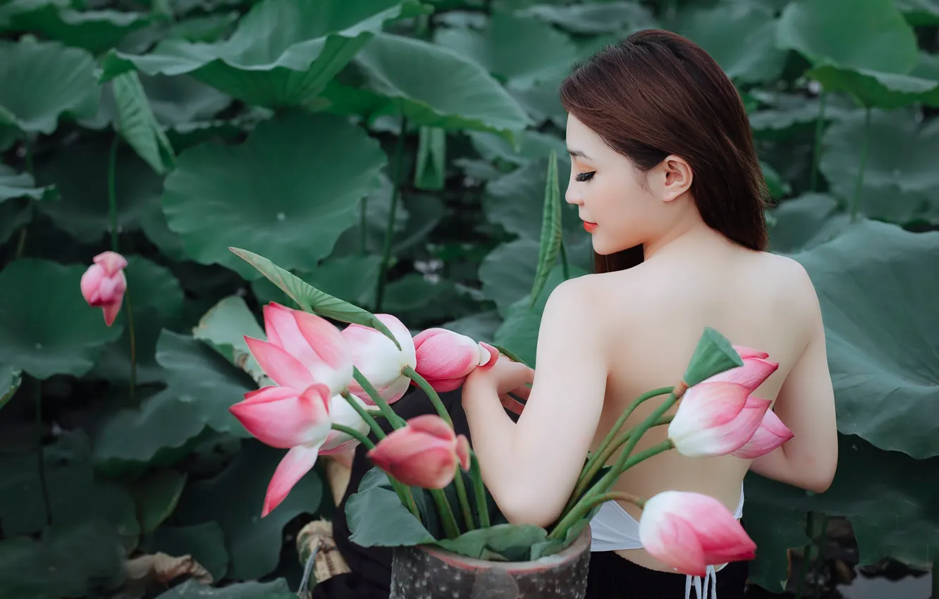 Photo wallpaper leaves, girl, flowers, nature, back, Lotus, profile, pink