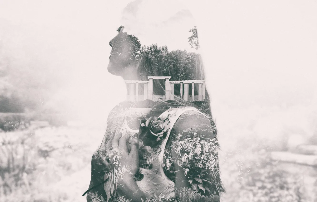 Photo wallpaper girl, hair, roses, hands, garden