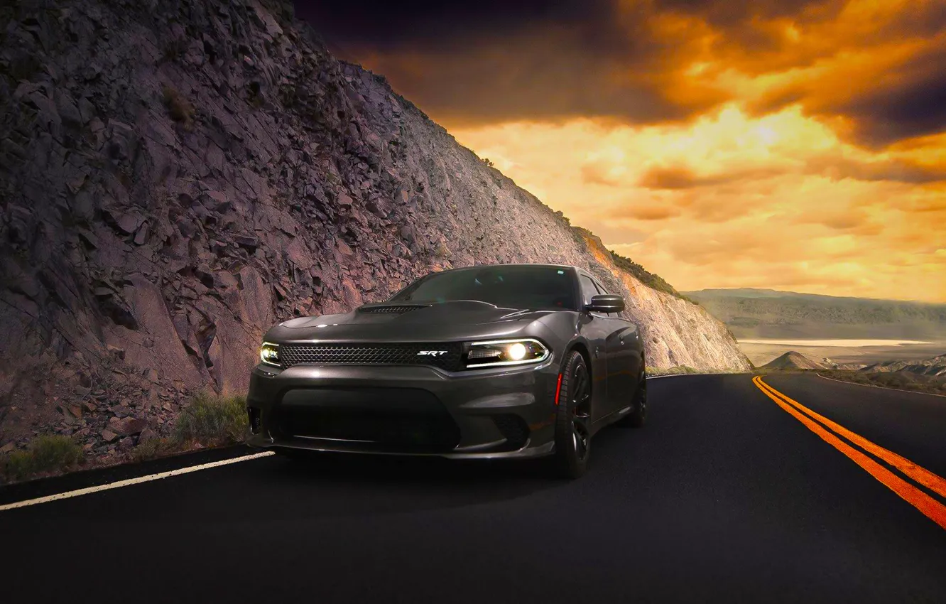 Photo wallpaper Dodge, Car, Clouds, Front, Charger, American, Hellcat, SRT