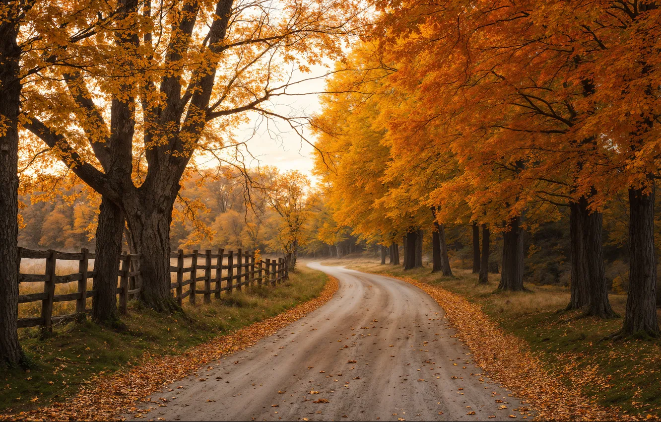 Photo wallpaper road, autumn, forest, trees, branches, Park, posts, foliage