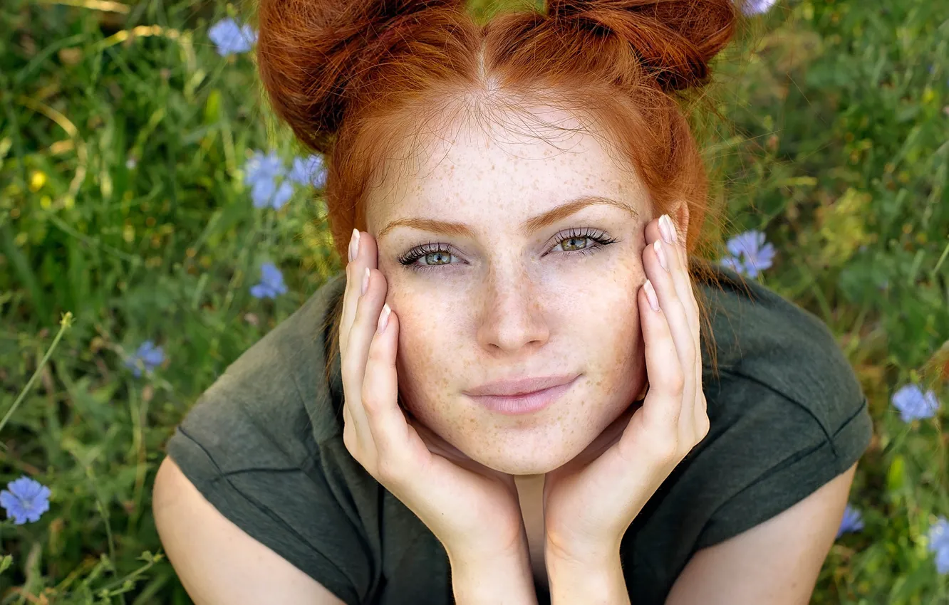 Photo wallpaper LOOK, GRASS, GREENS, FLOWERS, SPRING, FACE, RED, HAIRSTYLE