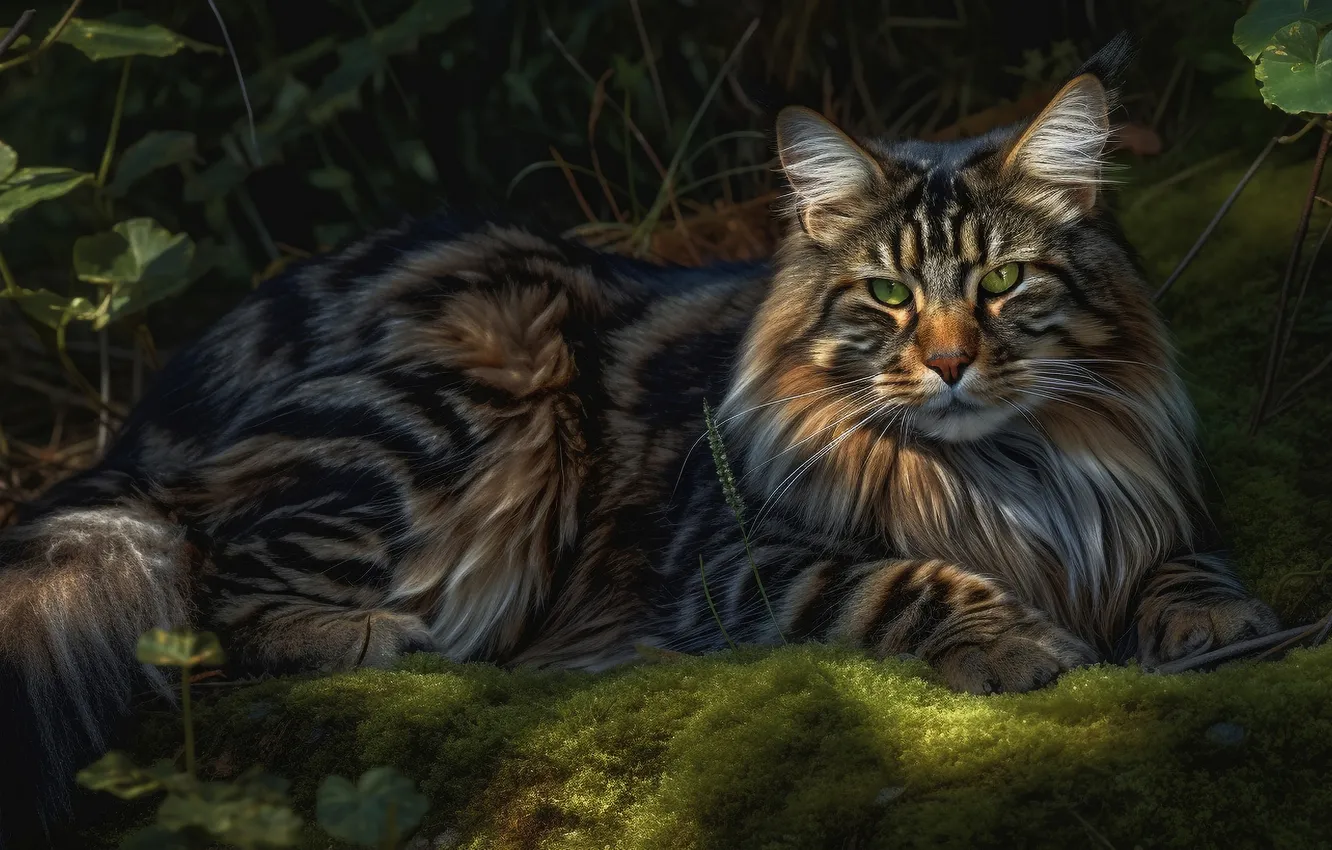 Photo wallpaper cat, cat, look, face, nature, grey, glade, moss