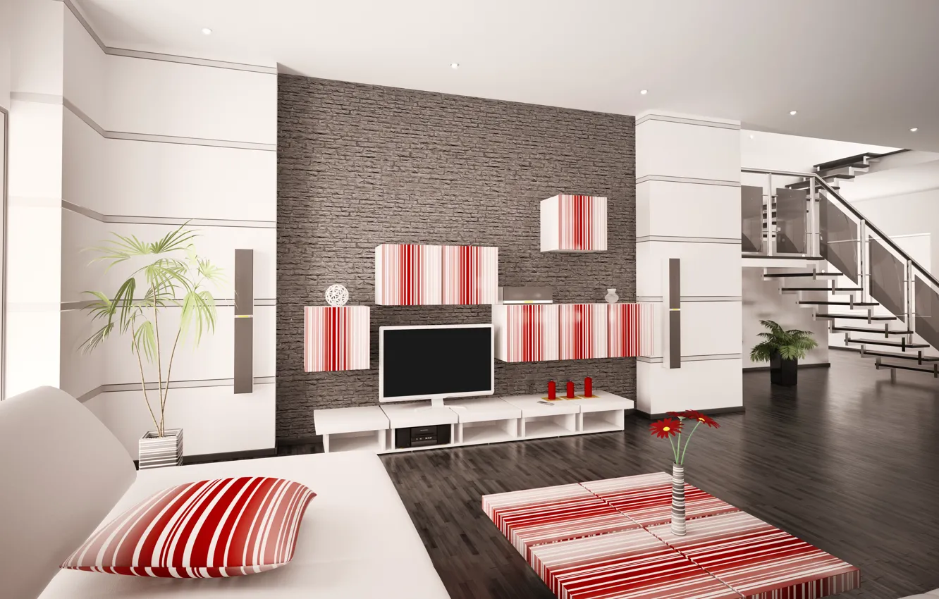Photo wallpaper flowers, interior, living room, plasma, modern