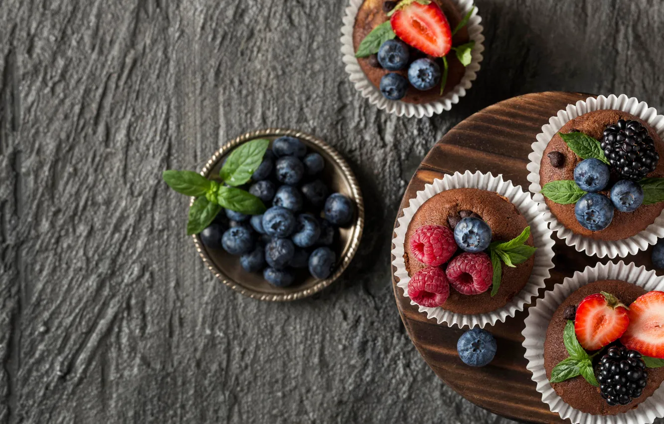 Photo wallpaper berries, raspberry, background, strawberry, BlackBerry, cupcakes, blueberries, cupcakes