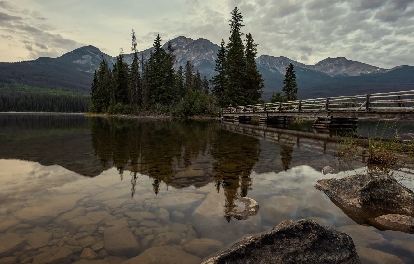 Photo wallpaper forest, the sky, water, clouds, trees, mountains, bridge, lake