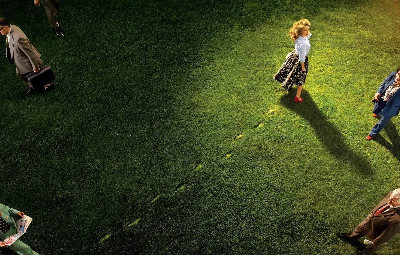 Photo wallpaper grass, look, light, traces, people, lawn, skirt, actress