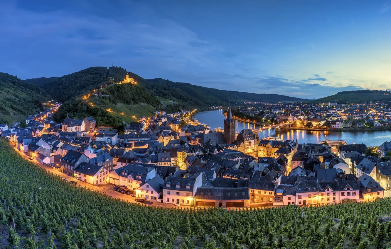 Photo wallpaper night, lights, river, home, panorama