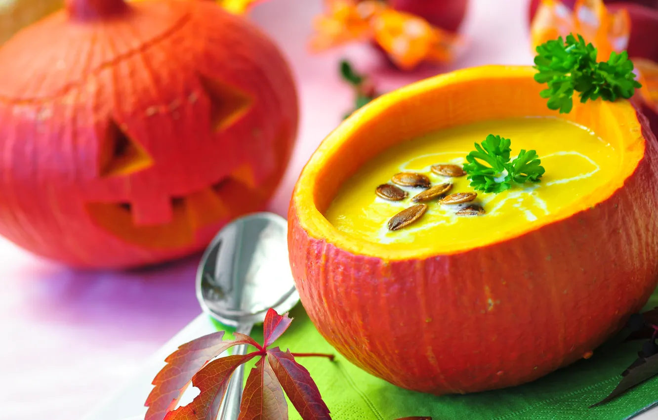 Photo wallpaper holiday, soup, Halloween, pumpkin, Halloween, seeds, parsley