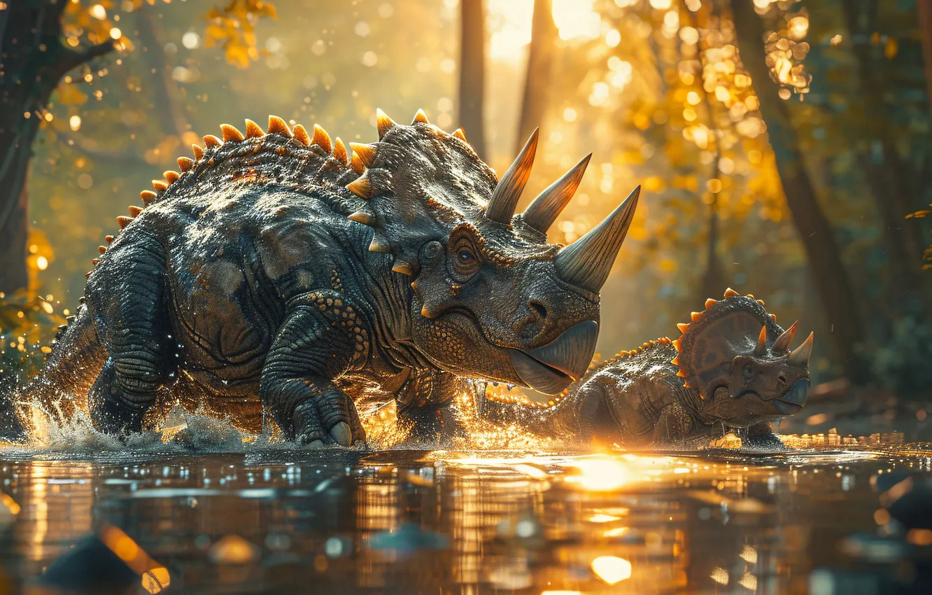 Photo wallpaper Water, Trees, Dawn, Cub, Two, Horns, Animals, Triceratops