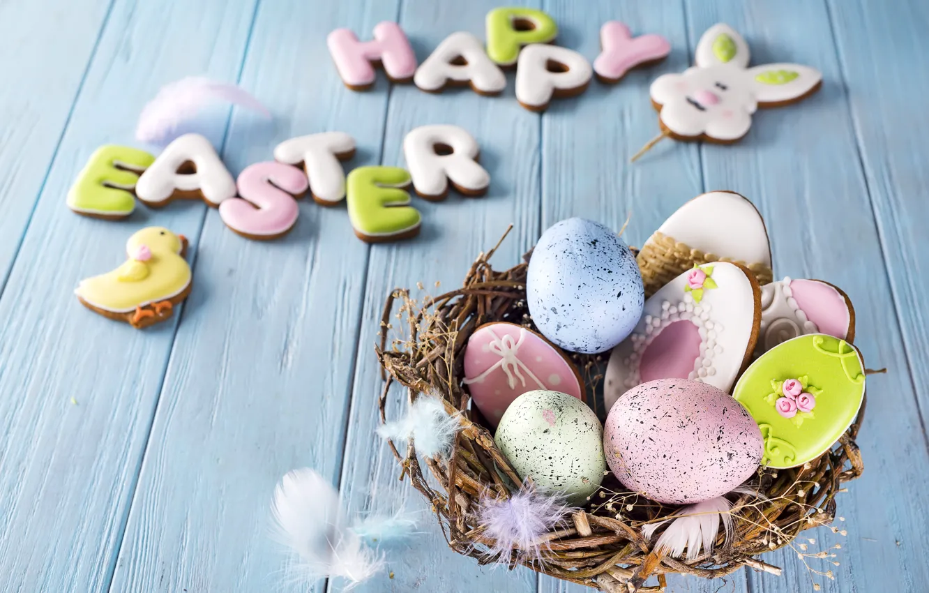 Photo wallpaper flowers, eggs, Easter, happy, basket, flowers, eggs, easter