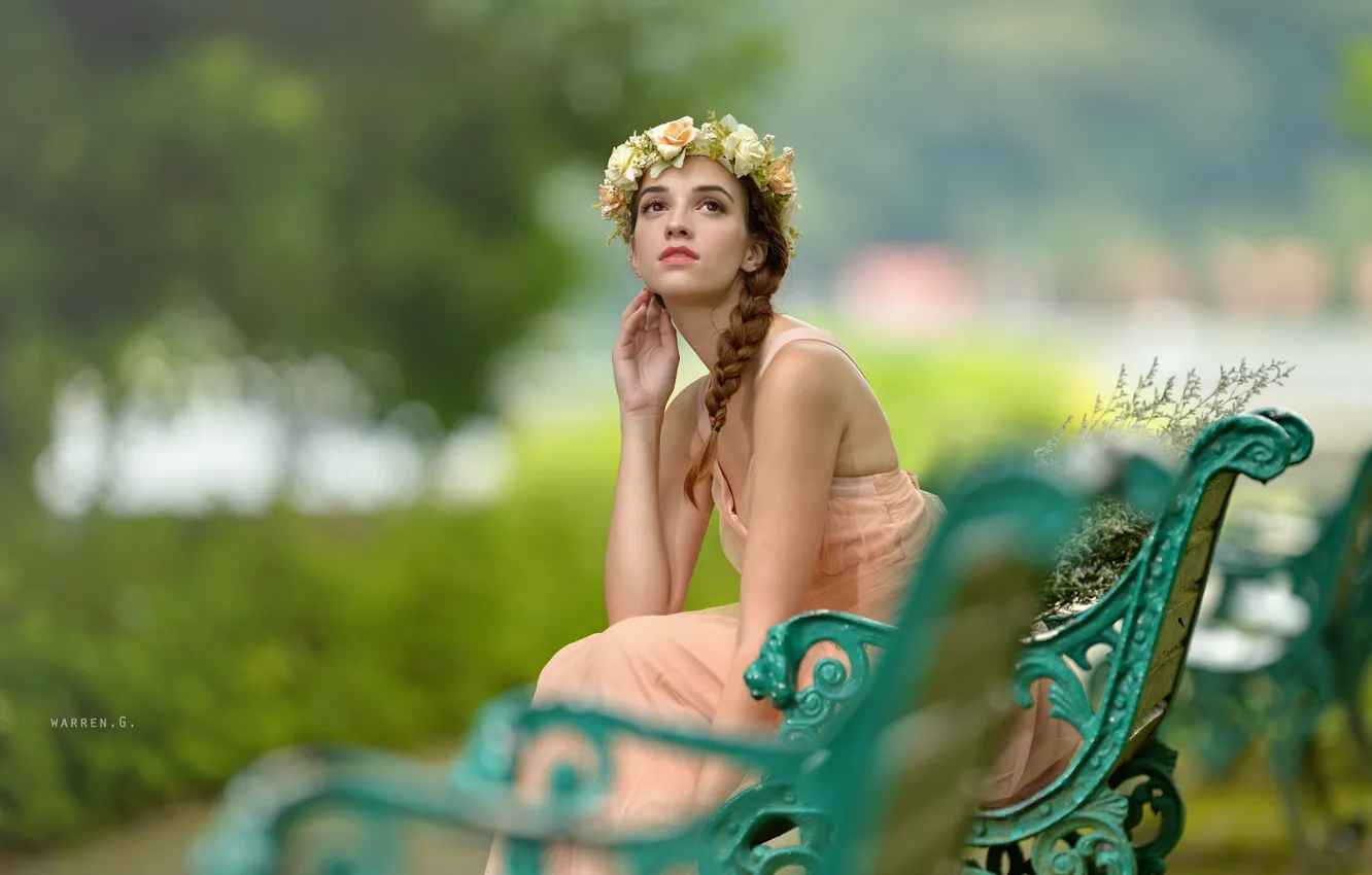 Photo wallpaper look, girl, bench, Park, wreath, bokeh, Warren. G