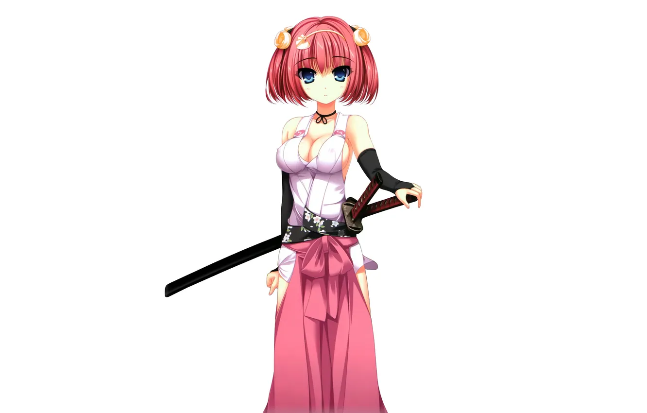 Photo wallpaper chest, look, girl, weapons, surprise, katana, white background, art