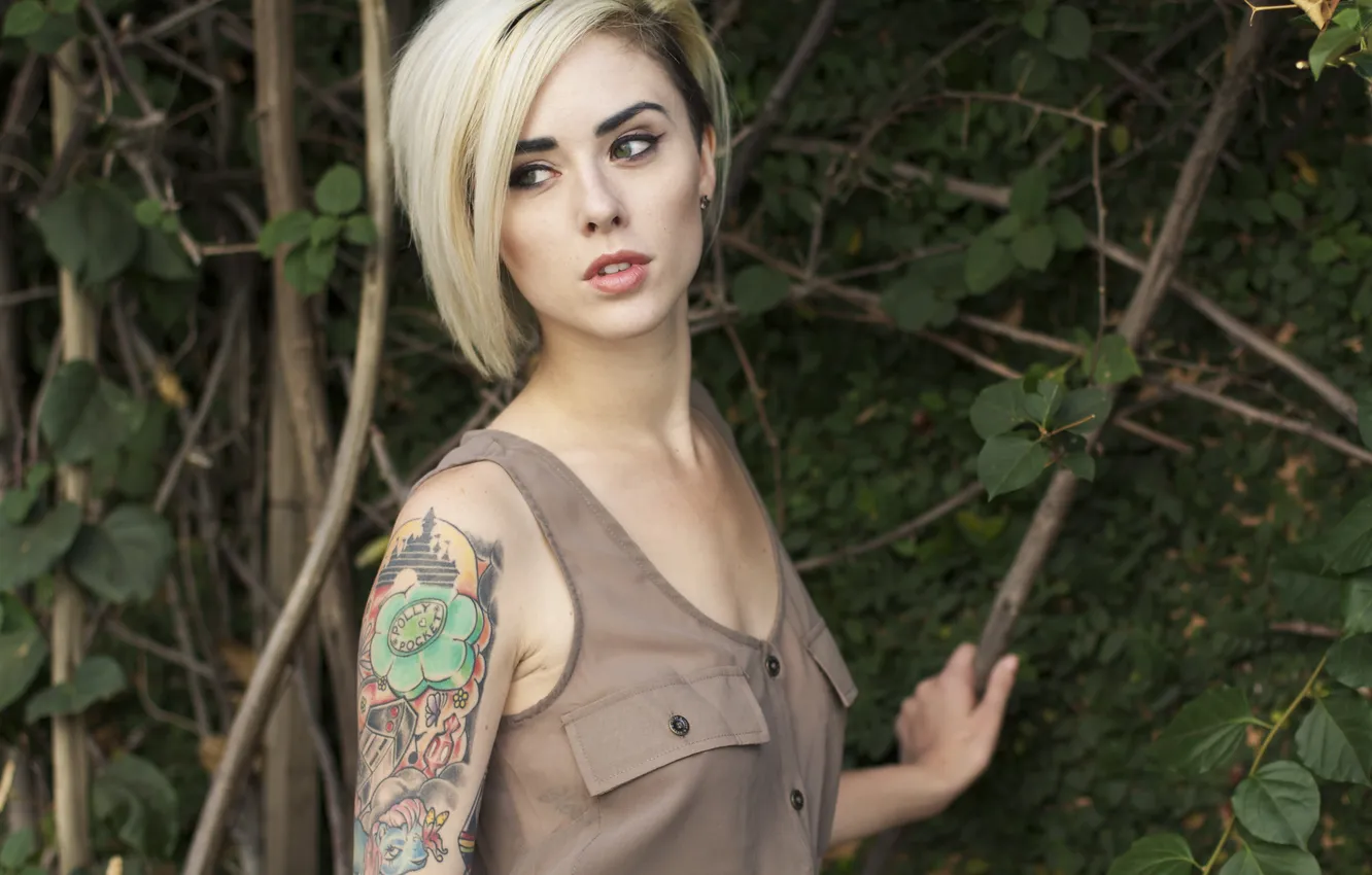 Photo wallpaper girl, woman, leaves, model, tattoo, blonde, tattoos, female