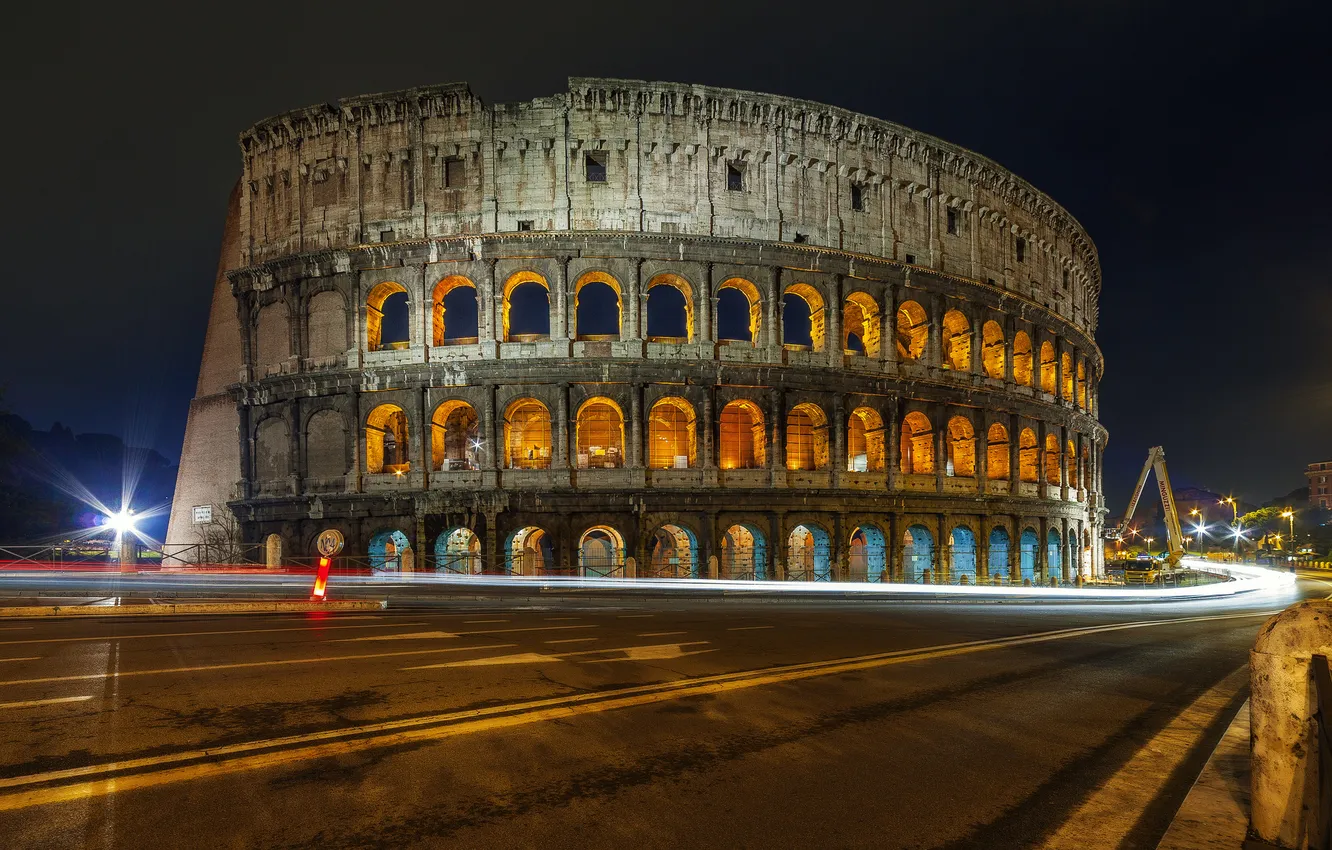 Photo wallpaper road, light, night, the city, lights, excerpt, Rome, Colosseum