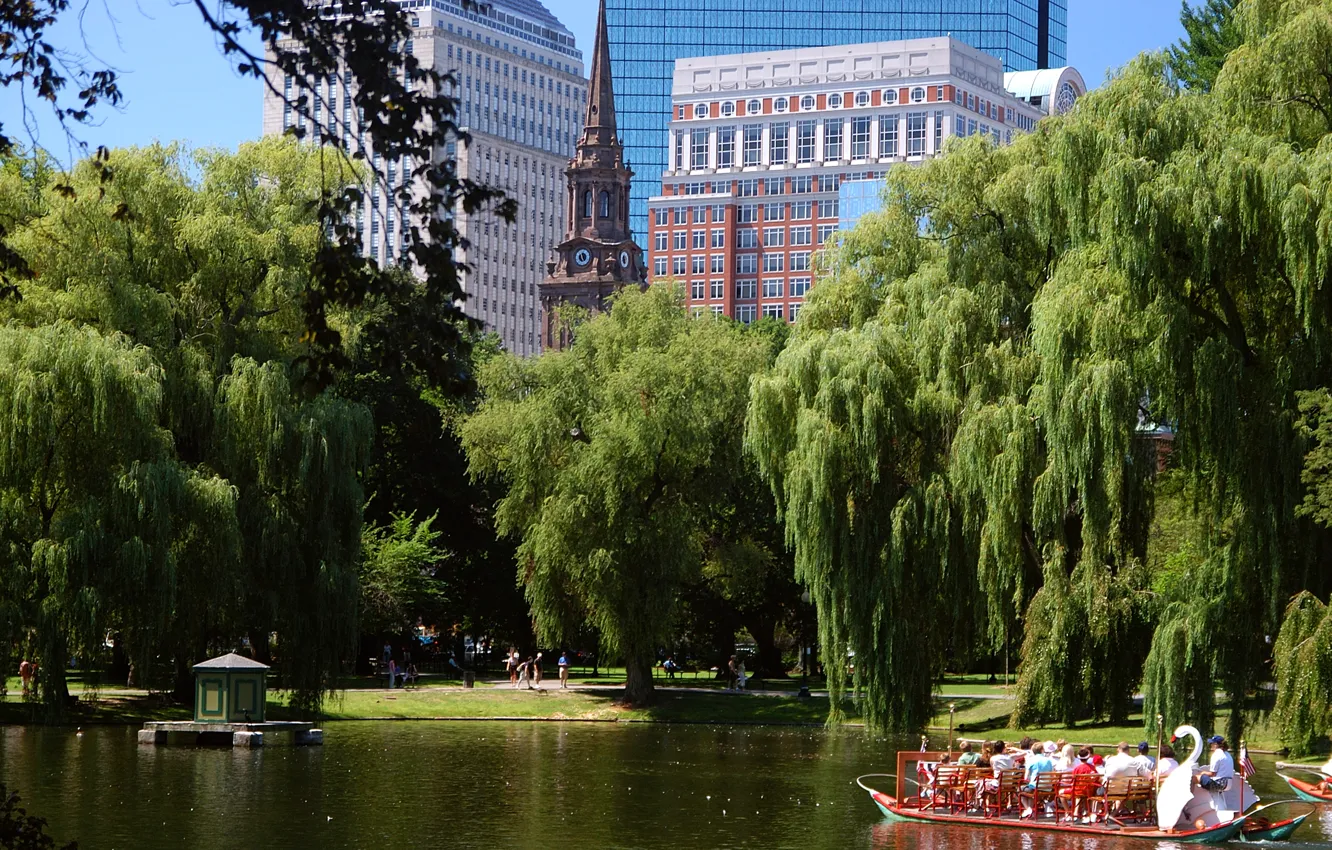 Photo wallpaper the sky, trees, Park, home, USA, boat, Boston, Boston