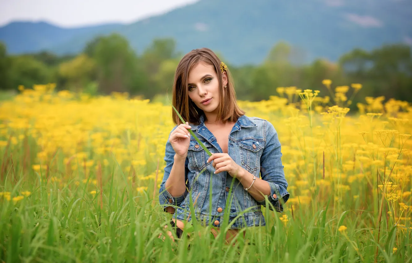 Photo wallpaper girl, mountains, brown hair, flowers, Diana, Denis Tretyakov