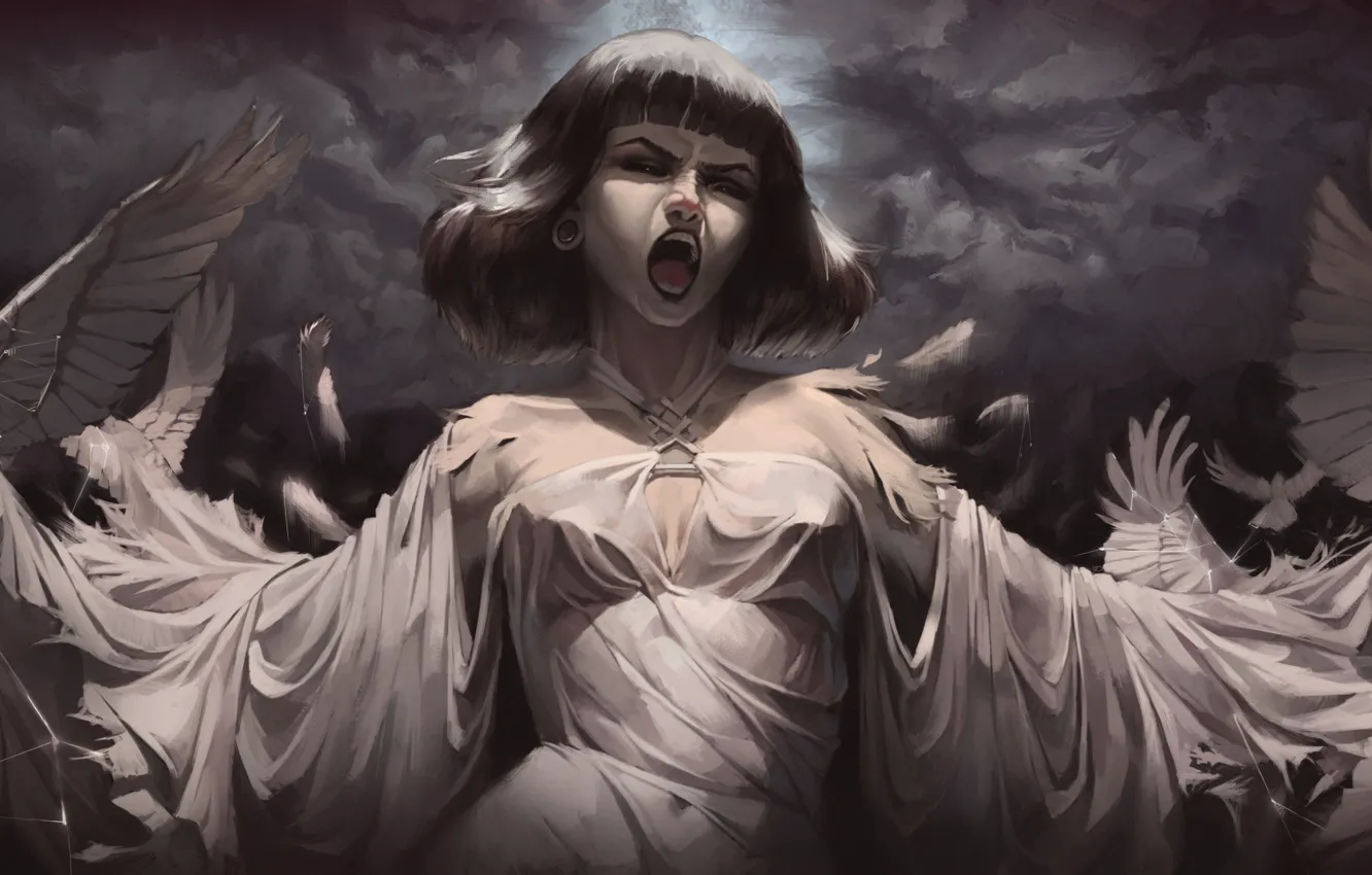 Photo wallpaper girl, dress, art, crows, Creek