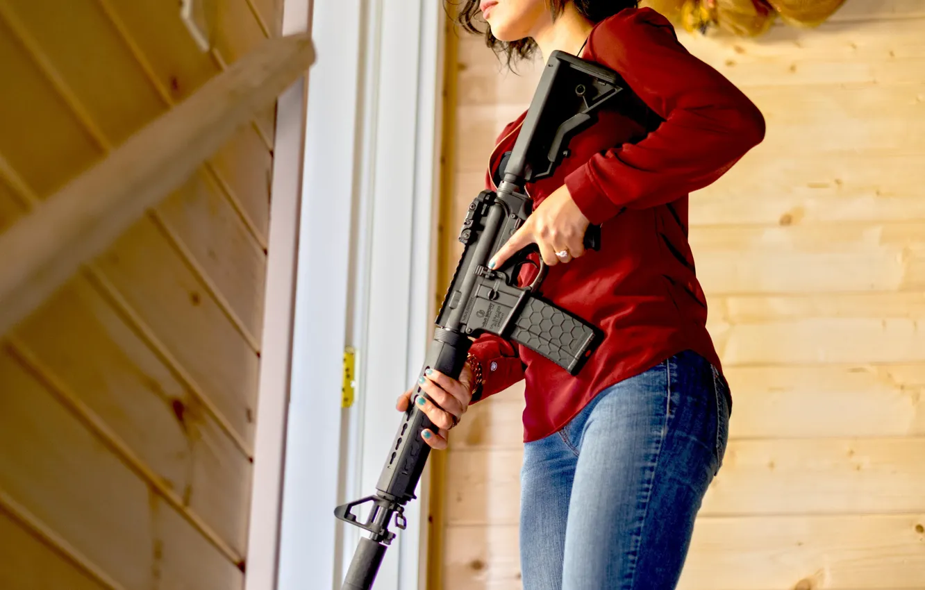 Photo wallpaper girl, weapons, mood, assault rifle