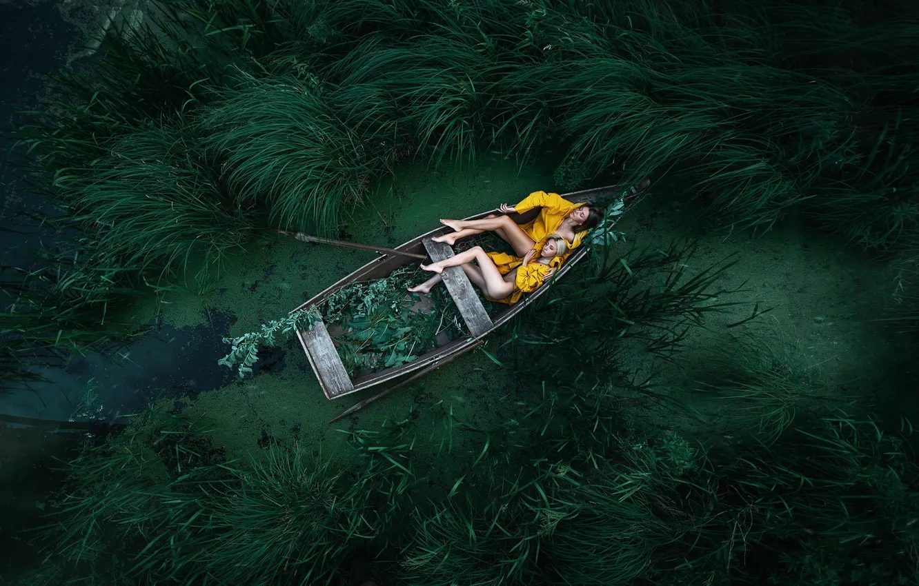 Photo wallpaper sleep, two girls, in the boat, Maxim Gontarev, Maxim Gontarev