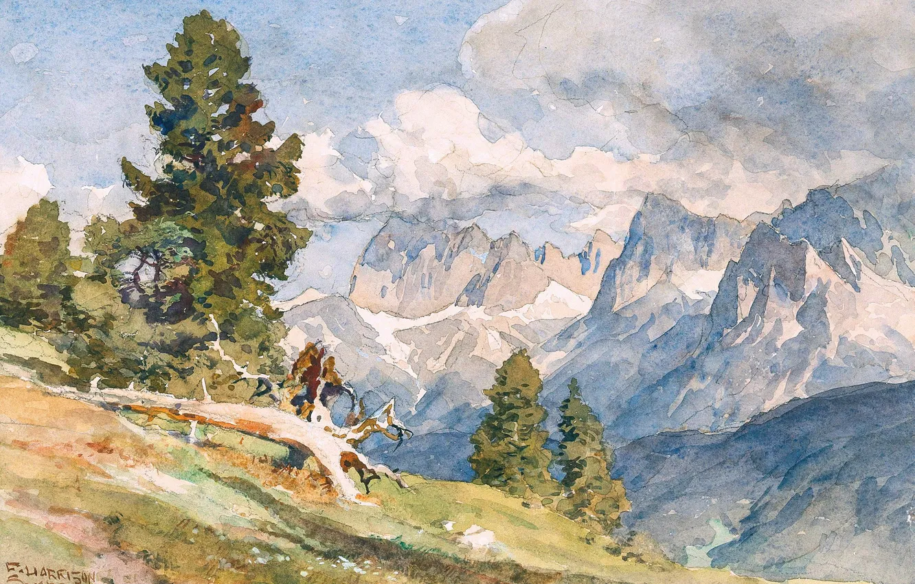 Photo wallpaper trees, mountains, picture, German artist, Edward Harrison Compton, Edward Harrison Compton, Karwendel Mountain view on …