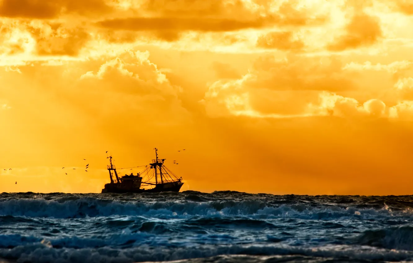 Photo wallpaper sea, sunset, ship, Navy, the ship, beautiful, background., fishing