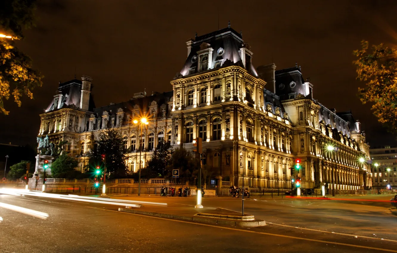 Photo wallpaper road, trees, night, France, Paris, the building, lights, capital