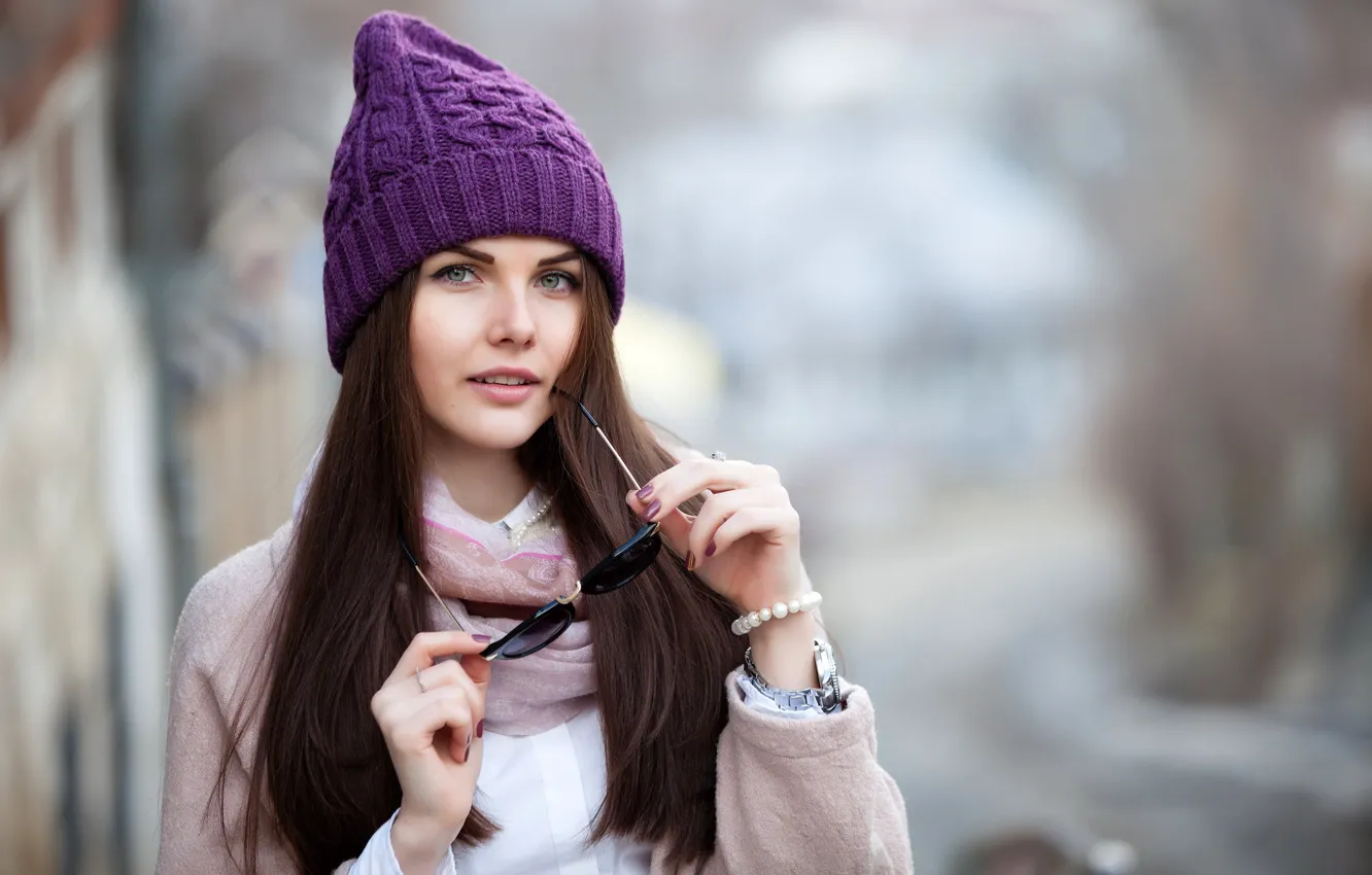 Photo wallpaper girl, eyes, winter, glasses, Sight