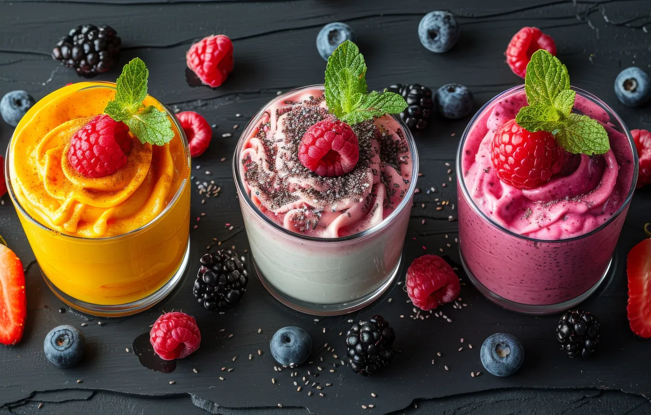 Photo wallpaper glass, berries, raspberry, blueberries, ice cream, black background, placer, mint