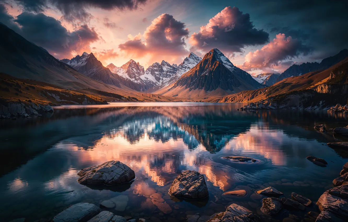 Photo wallpaper clouds, snow, mountains, nature, lake, reflection, stones, shore