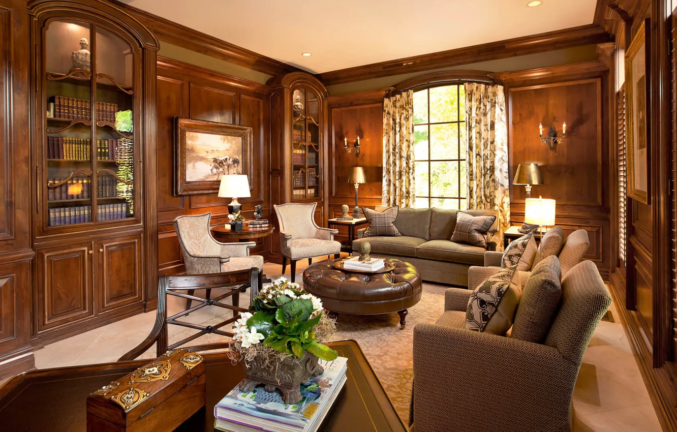 Photo wallpaper interior, library, living room, English style, Nutwood