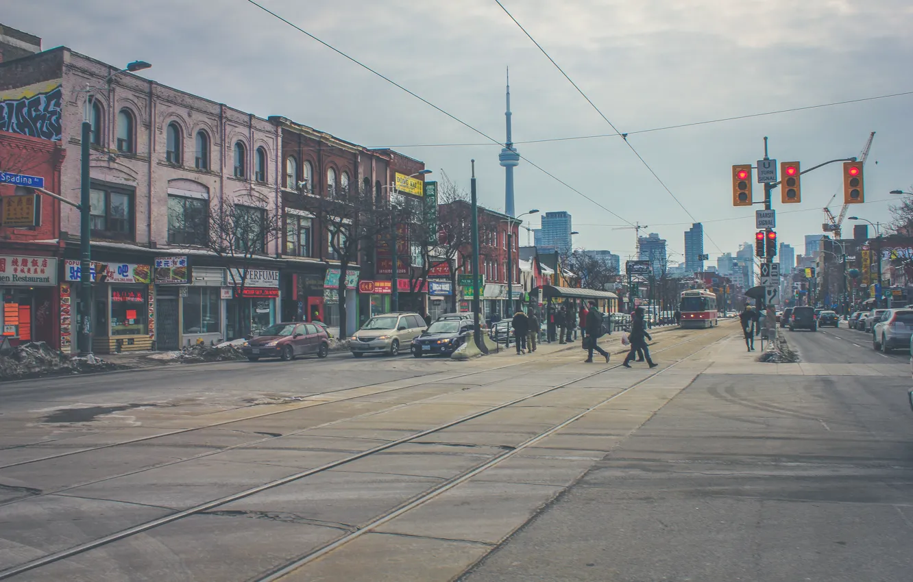 Photo wallpaper street, people, tower, home, traffic light, Canada, Toronto, Canada