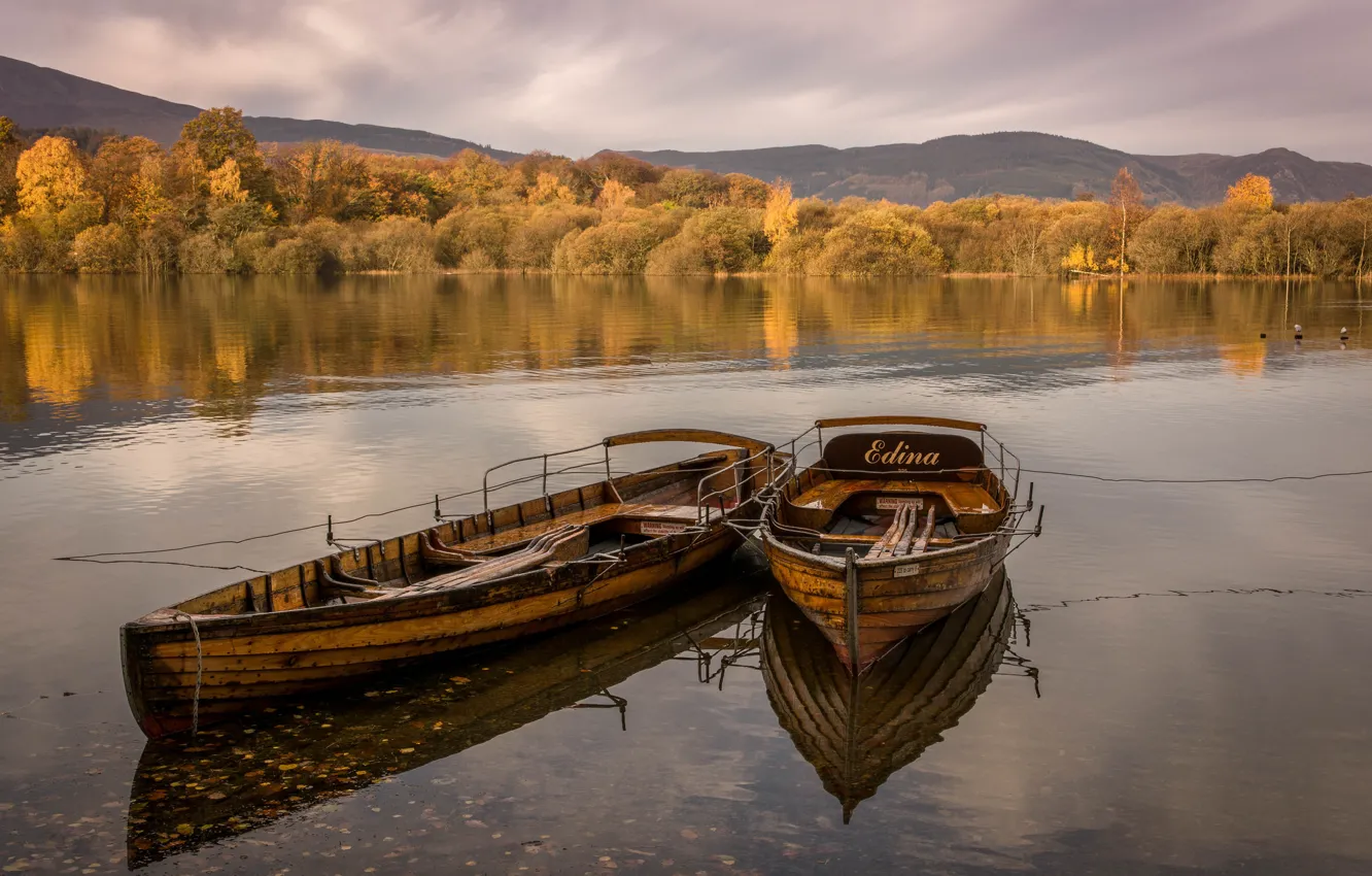 Photo wallpaper autumn, the sky, clouds, trees, lake, boat