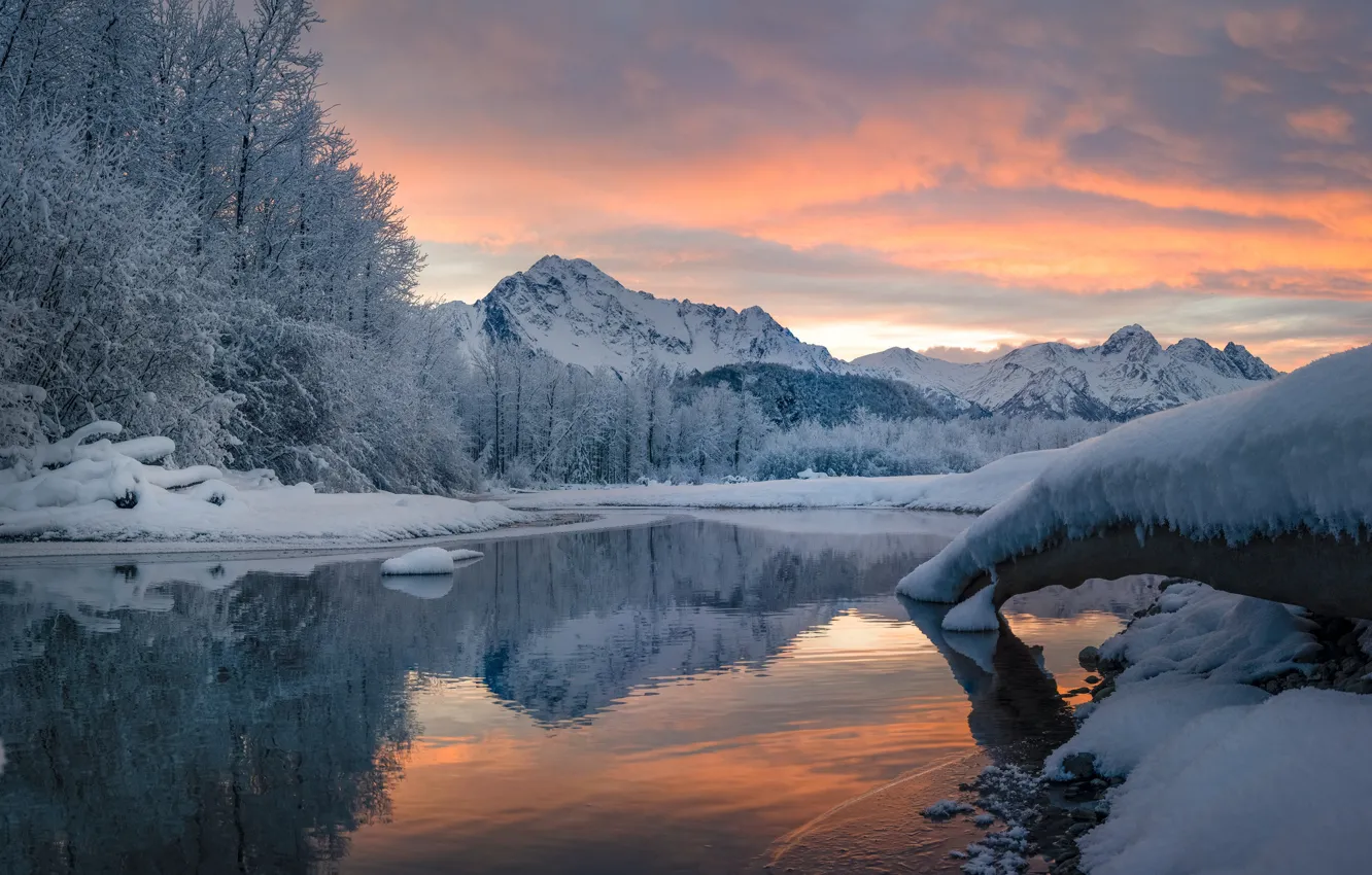 Photo wallpaper winter, snow, trees, mountains, reflection, river