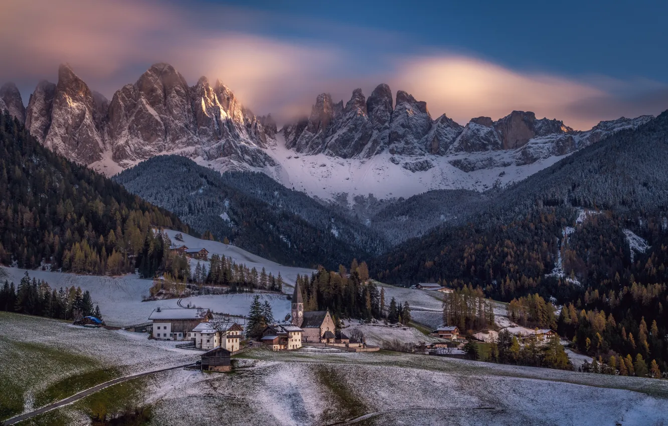 Photo wallpaper forest, snow, trees, mountains, home, village, Italy, Italy