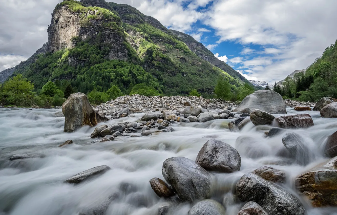 Photo wallpaper mountains, river, stones, stream, Switzerland