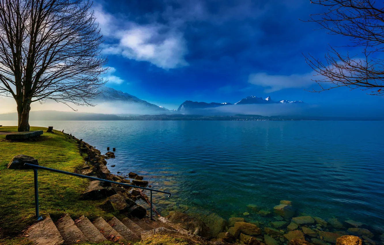 Photo wallpaper the sky, grass, clouds, trees, mountains, fog, lake, stones