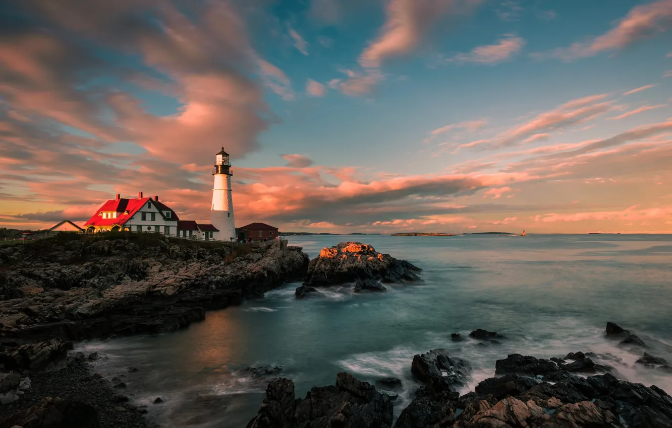 Photo wallpaper landscape, sunset, nature, stones, shore, lighthouse, Portland, Bay