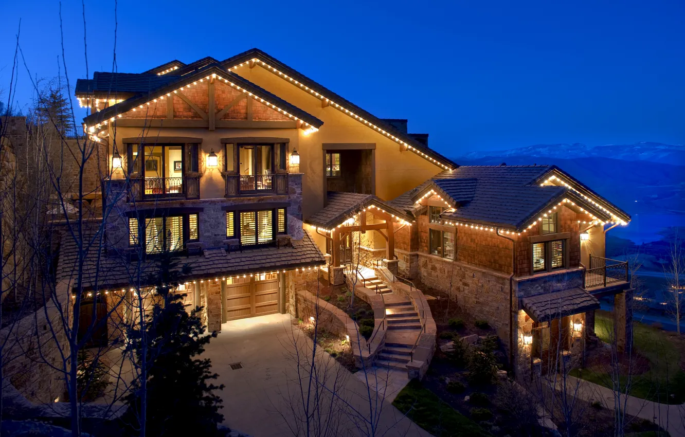 Photo wallpaper lights, Villa, home, the evening